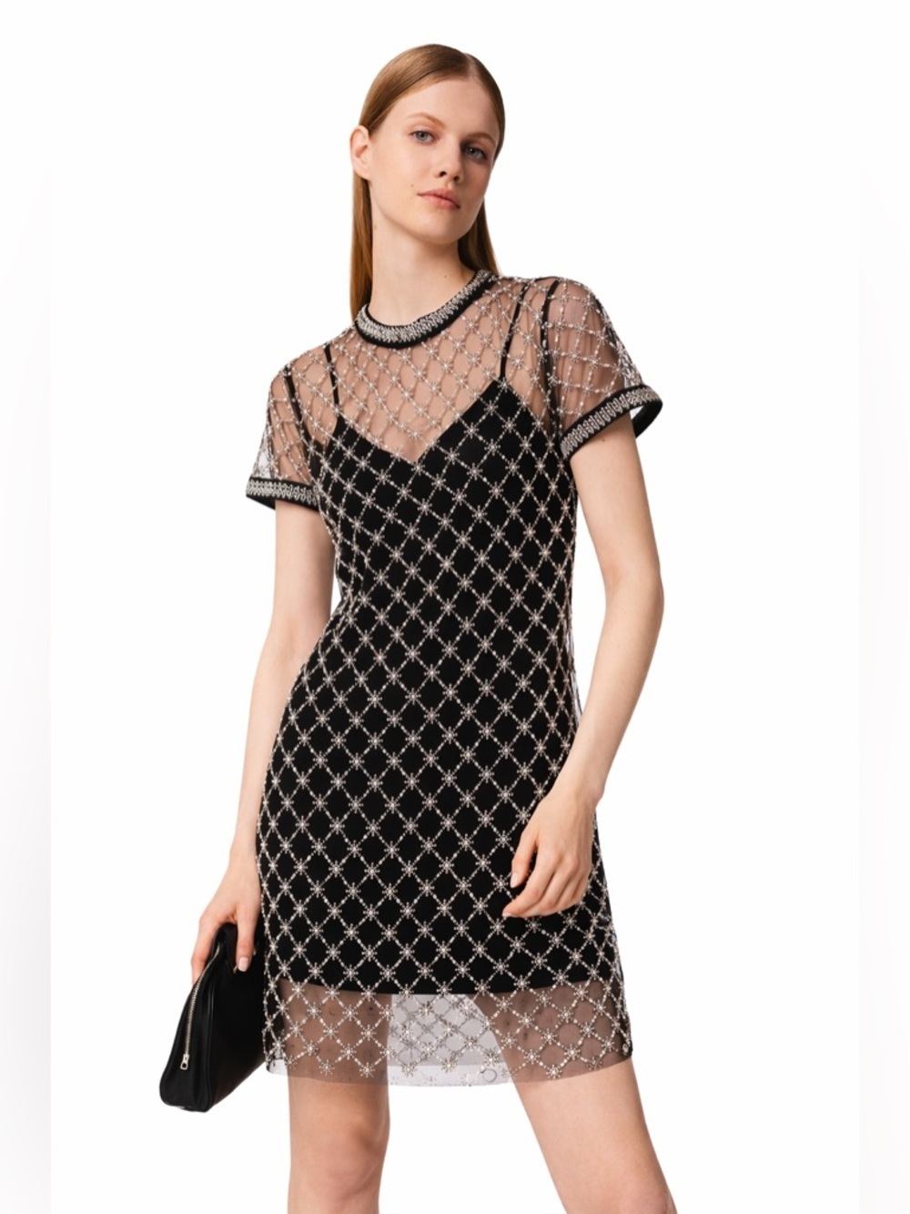 Maje Black Beaded Tulle Sheer Mini Dress XS 34